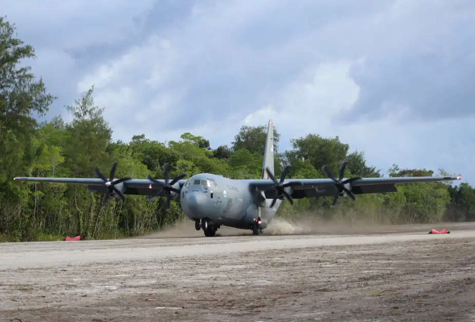 U.S. Air Force lands C 130J on newly renovated Angaur Airfield in Palau