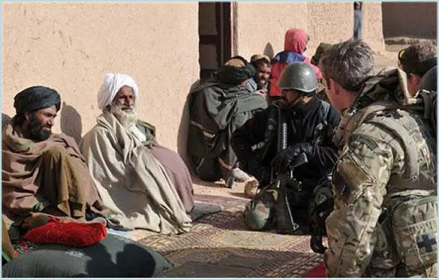 Members of II Squadron RAF Regiment and the Afghan National Army speak with local elders