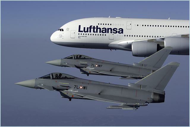 On Monday the 22nd of August, after Vienna's Mayor Dr. Häupl christened the new Lufthansa A380 “Wien” at the hub of Austrian Airlines, two Austrian Eurofighters conducted a QRA training interception of the new Airbus on its flight through Austrian airspace. The Eurofighters, scrambling from their base in Zeltweg/Styria, intercepted and flew in formation with the A380. 