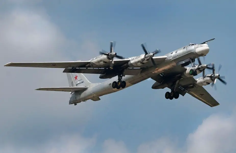 Two Russian Tu 95MS strategic bombers fly over Pacific Ocean Bering Okhotsk seas