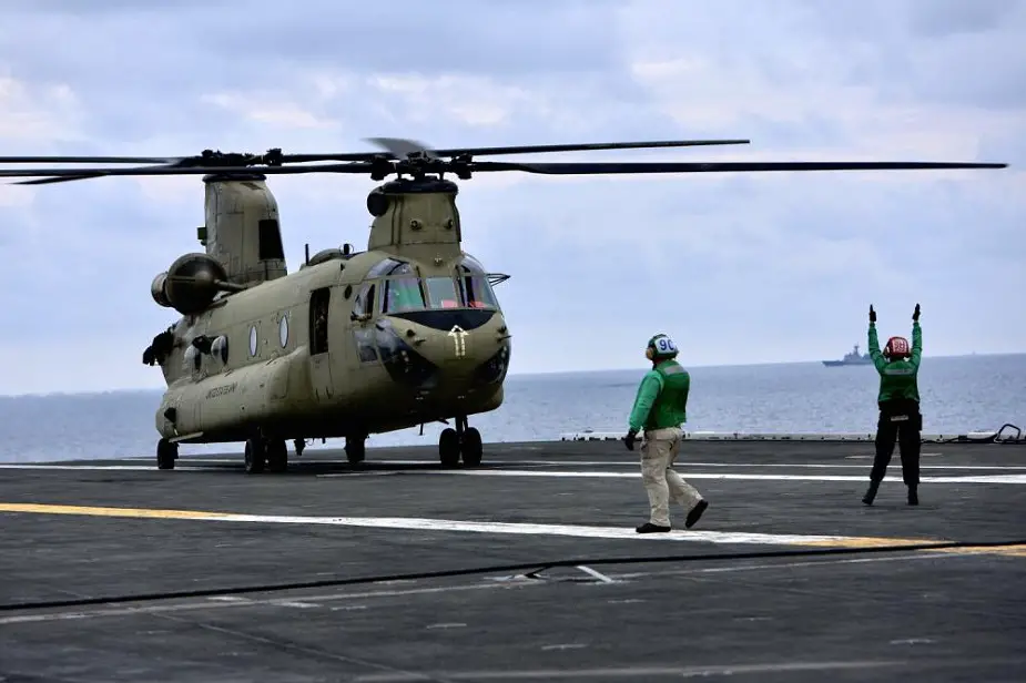US Army Chinooks conduct deck landings on USS Ronald Reagan 01