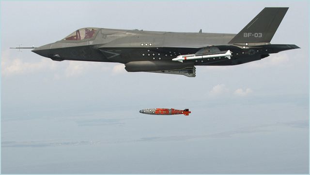 Traveling at 400 knots at an altitude of 4,200 ft, BF-3, a short take-off and vertical landing F-35B variant, released an inert 1,000 lb. GBU-32 Joint Direct Attack Munition (JDAM) separation weapon over water in an Atlantic test range.